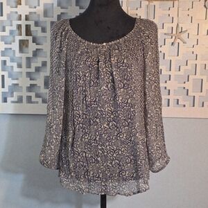 Lucky Brand Womens Blue Ivory Paisley Floral 3/4 Sleeve Boho Blouse Size M